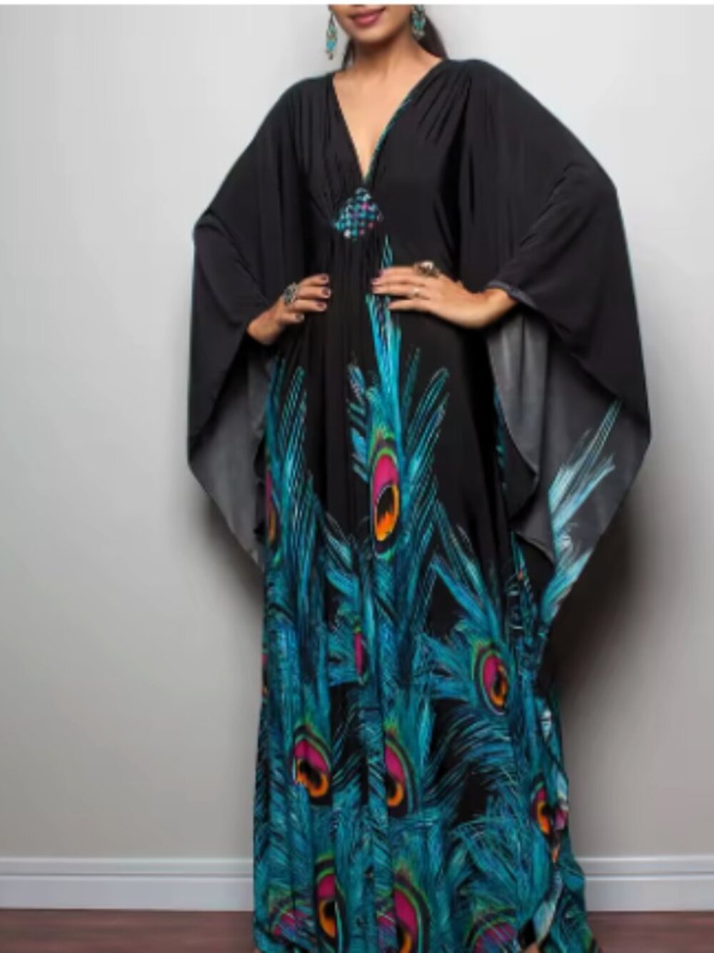 Women's Peacock Feather Print Caftan/Kaftan O/S